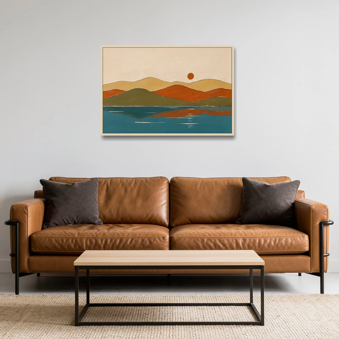 Mid Century Wall Art of Dome Hills at Sunrise - Oak Framed Canvas Wall Art - Sofa - 36x24
