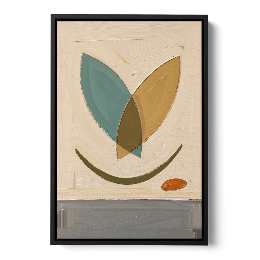 Mid Century Wall Decor with Teal and Ochre Leaves - Black Framed Canvas Wall Art - Front