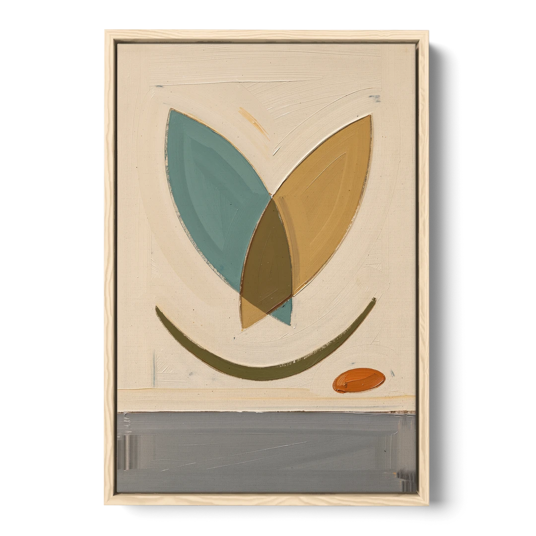 Mid Century Wall Decor with Teal and Ochre Leaves - Oak Framed Canvas Wall Art - Front