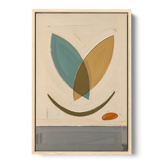 Mid Century Wall Decor with Teal and Ochre Leaves - Oak Framed Canvas Wall Art - Front