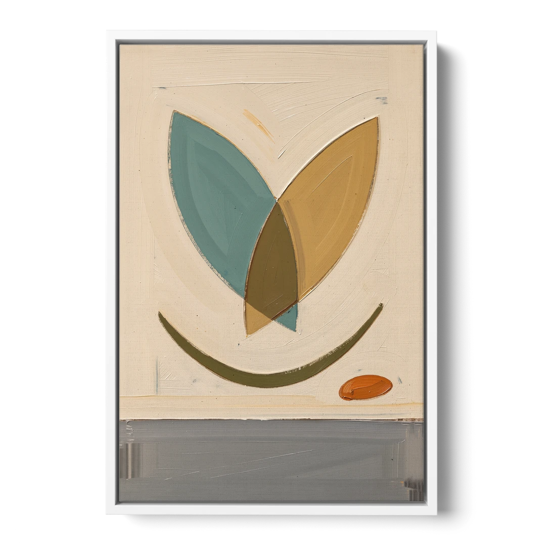 Mid Century Wall Decor with Teal and Ochre Leaves - White Framed Canvas Wall Art - Front