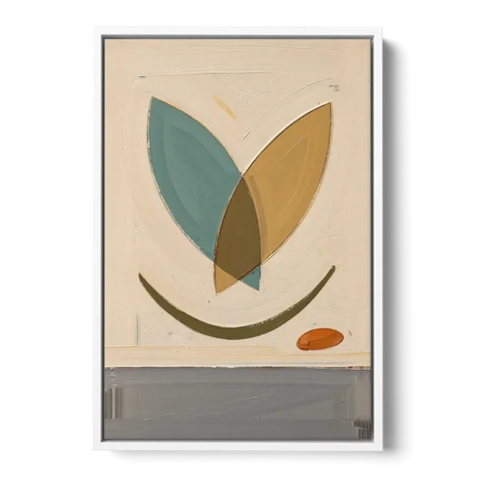 Mid Century Wall Decor with Teal and Ochre Leaves - White Framed Canvas Wall Art - Front