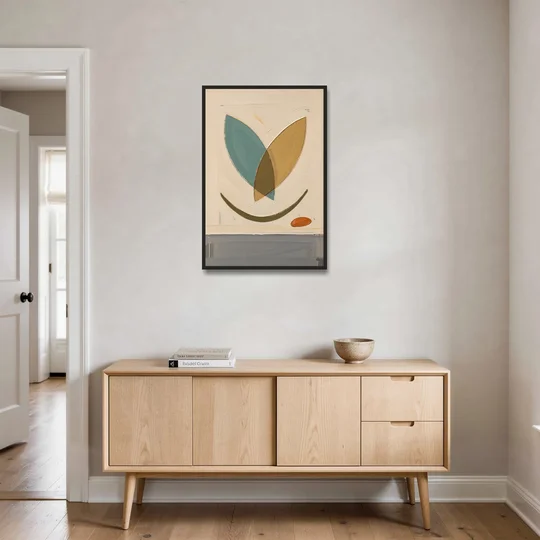 Mid Century Wall Decor with Teal and Ochre Leaves - Black Framed Canvas Wall Art - Coffee Table - 24x36