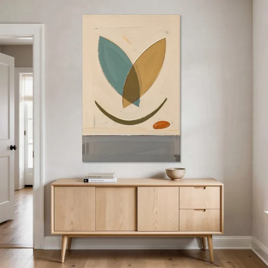 Mid Century Wall Decor with Teal and Ochre Leaves - Canvas Wall Art - Coffee Table - 40x60