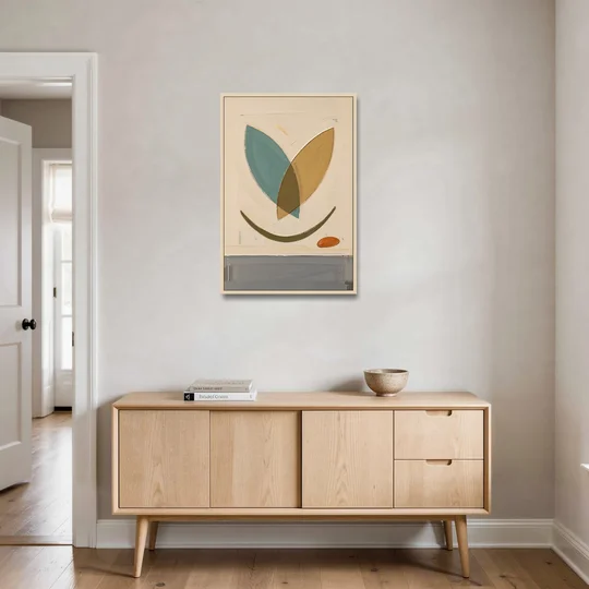 Mid Century Wall Decor with Teal and Ochre Leaves - Oak Framed Canvas Wall Art - Coffee Table - 24x36