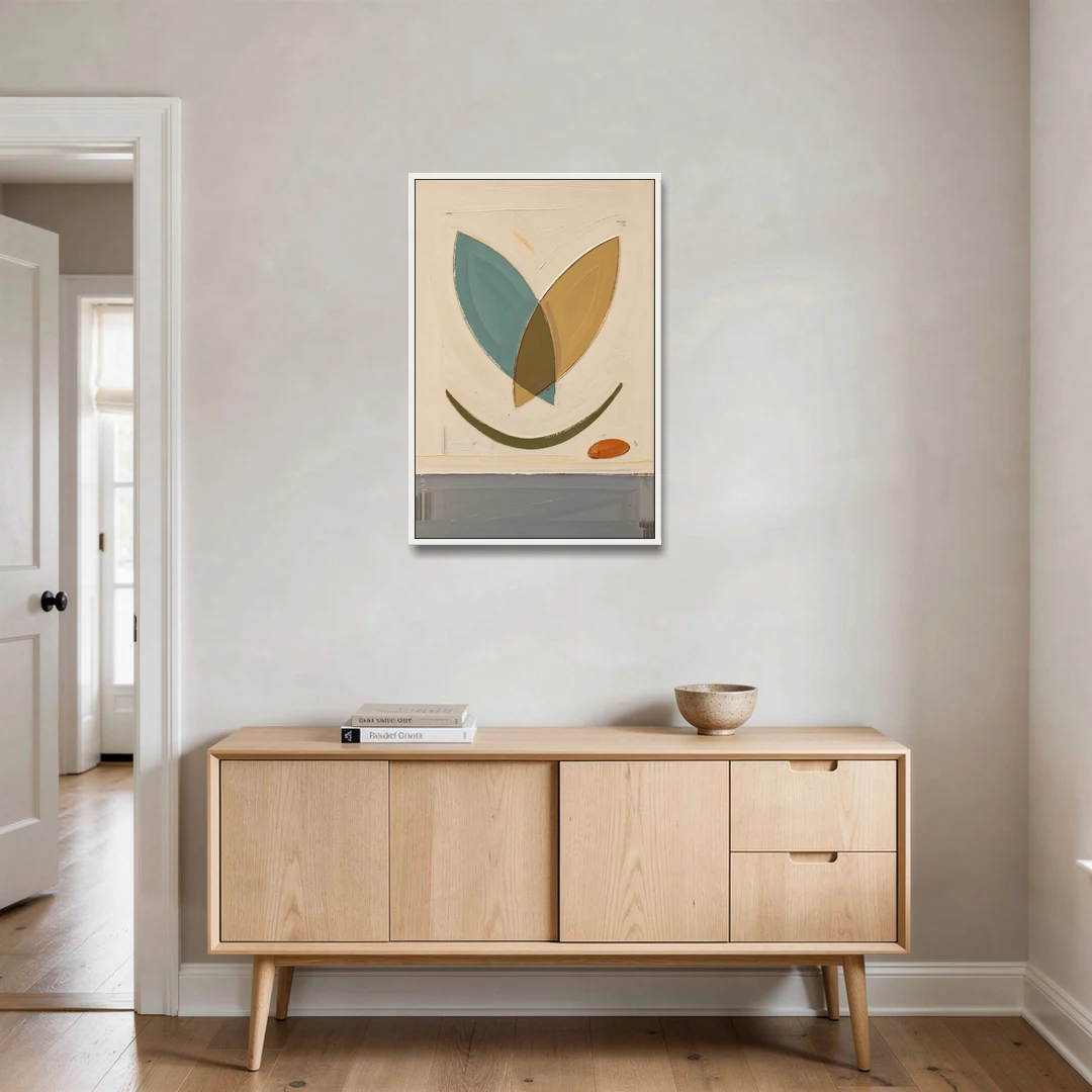 Mid Century Wall Decor with Teal and Ochre Leaves - White Framed Canvas Wall Art - Coffee Table - 24x36