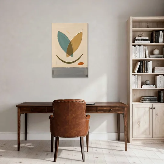 Mid Century Wall Decor with Teal and Ochre Leaves - Canvas Wall Art - Office - 24x36