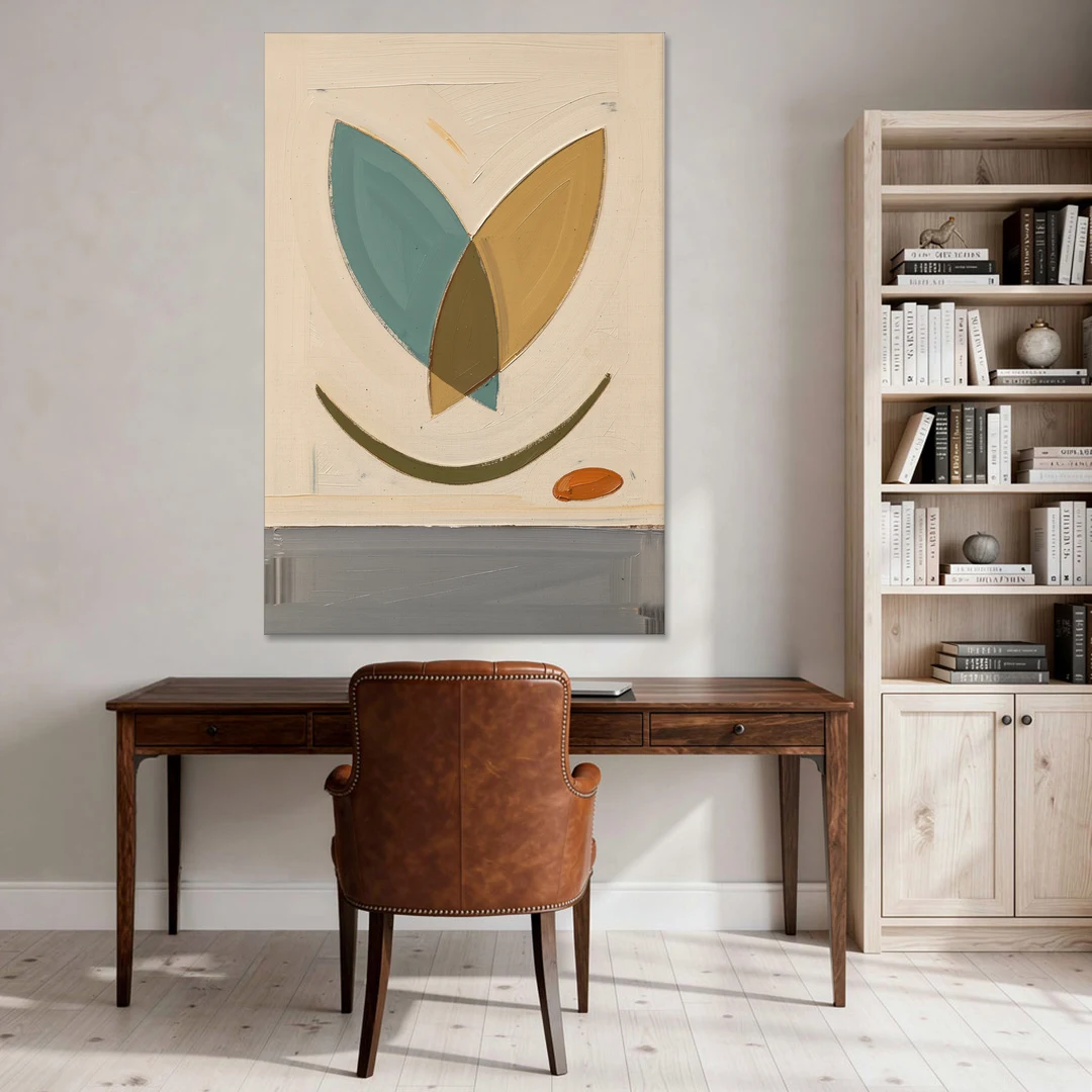Mid Century Wall Decor with Teal and Ochre Leaves - Canvas Wall Art - Office - 40x60