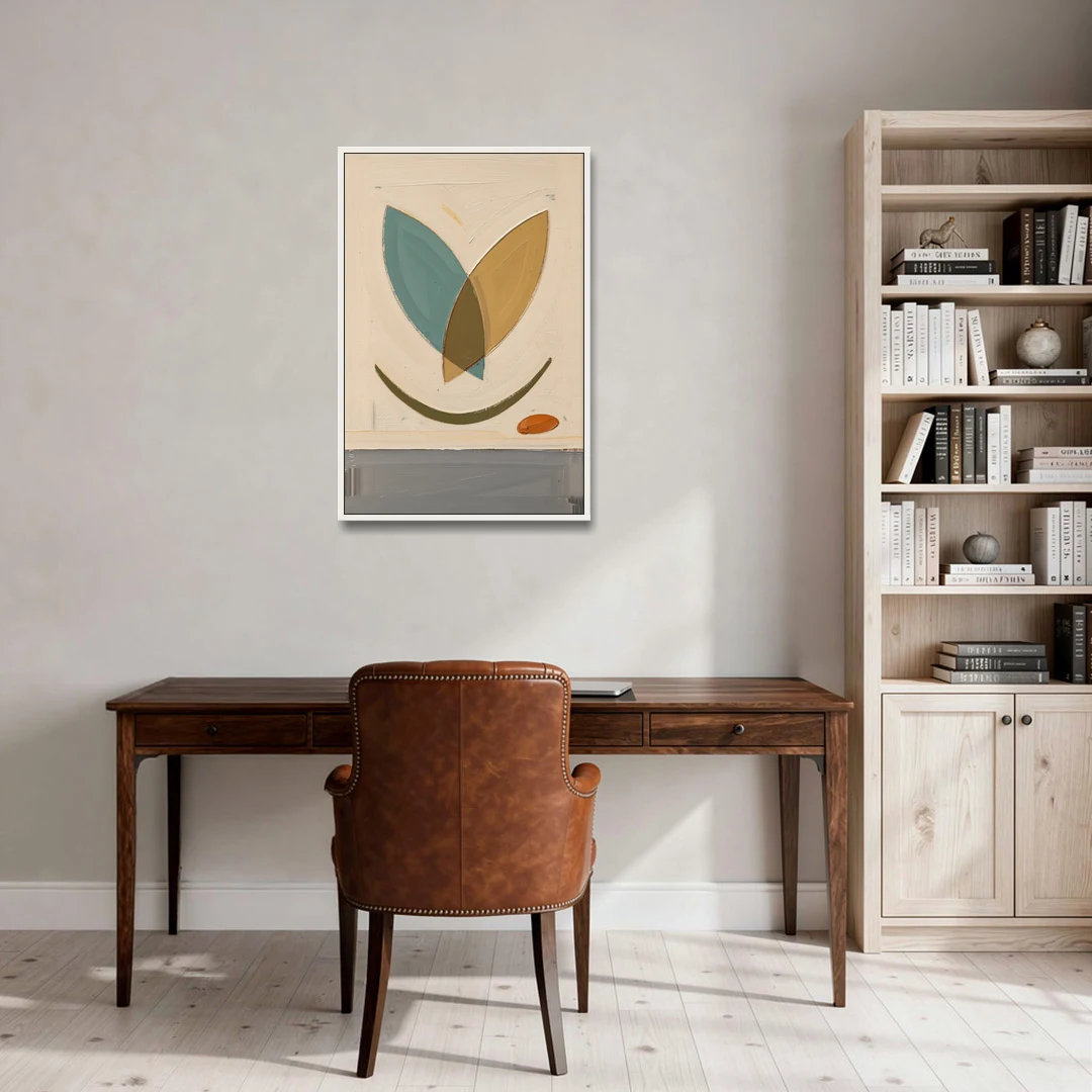 Mid Century Wall Decor with Teal and Ochre Leaves - White Framed Canvas Wall Art - Office - 24x36