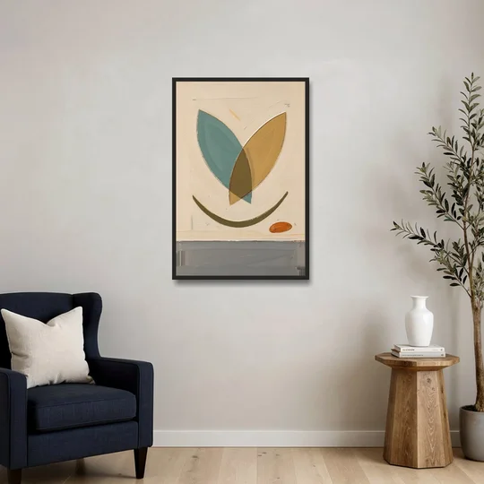 Mid Century Wall Decor with Teal and Ochre Leaves - Black Framed Canvas Wall Art - Sofa - 24x36