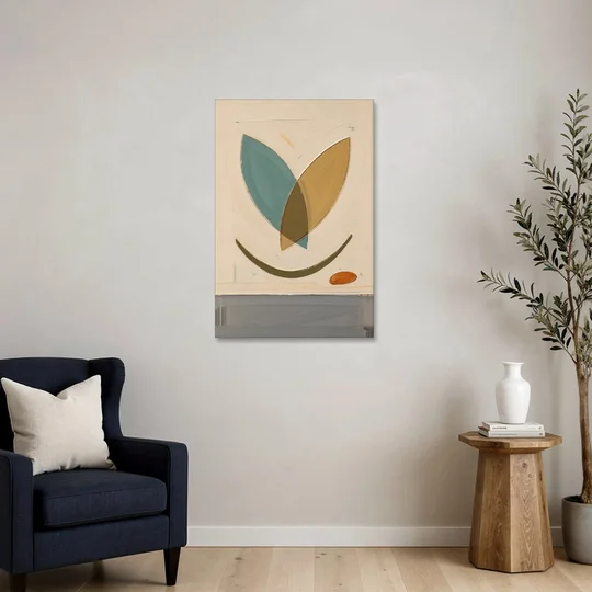 Mid Century Wall Decor with Teal and Ochre Leaves - Canvas Wall Art - Sofa - 24x36