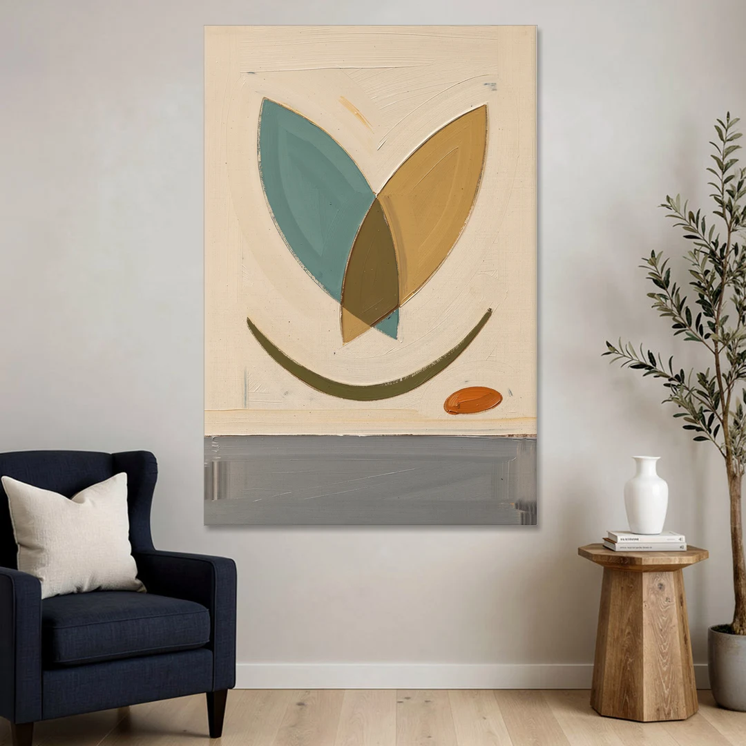 Mid Century Wall Decor with Teal and Ochre Leaves - Canvas Wall Art - Sofa - 40x60