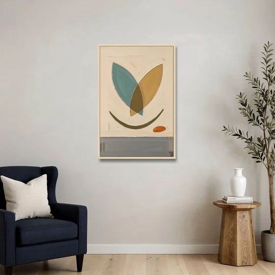 Mid Century Wall Decor with Teal and Ochre Leaves - Oak Framed Canvas Wall Art - Sofa - 24x36