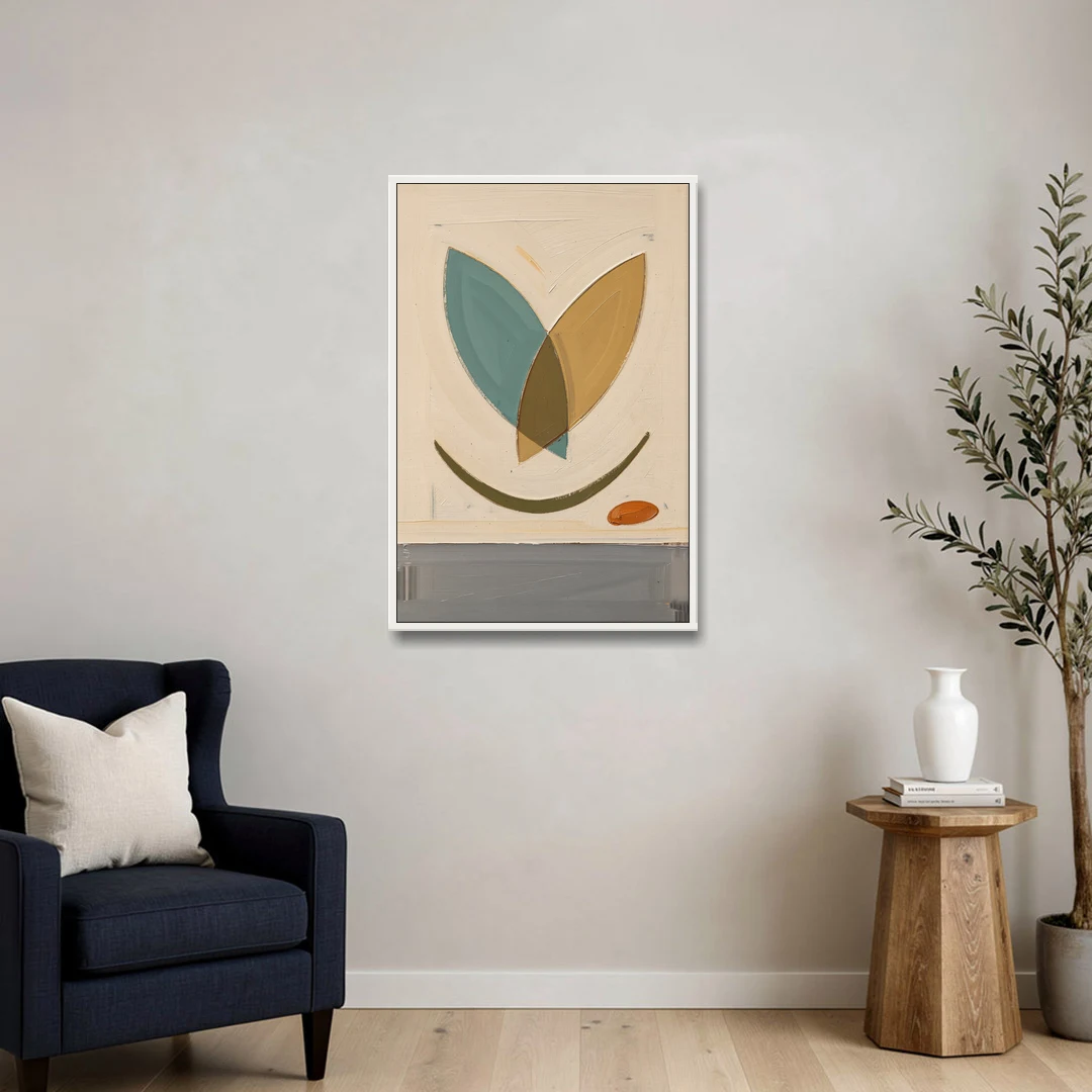 Mid Century Wall Decor with Teal and Ochre Leaves - White Framed Canvas Wall Art - Sofa - 24x36