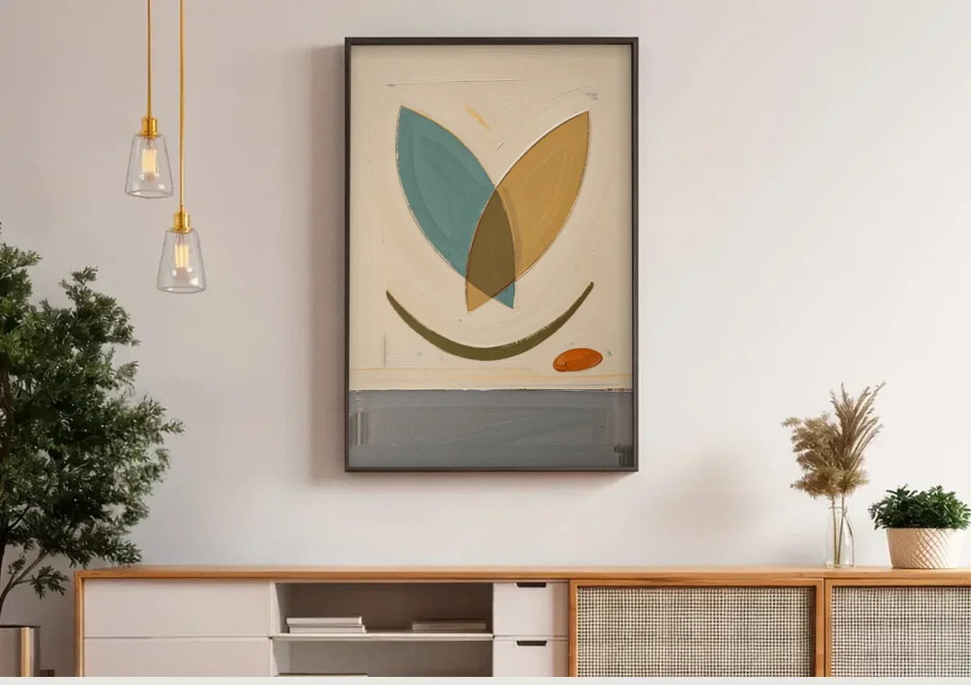 Mid Century Wall Decor with Teal and Ochre Leaves canvas wall art above a wooden sideboard under pendant lights