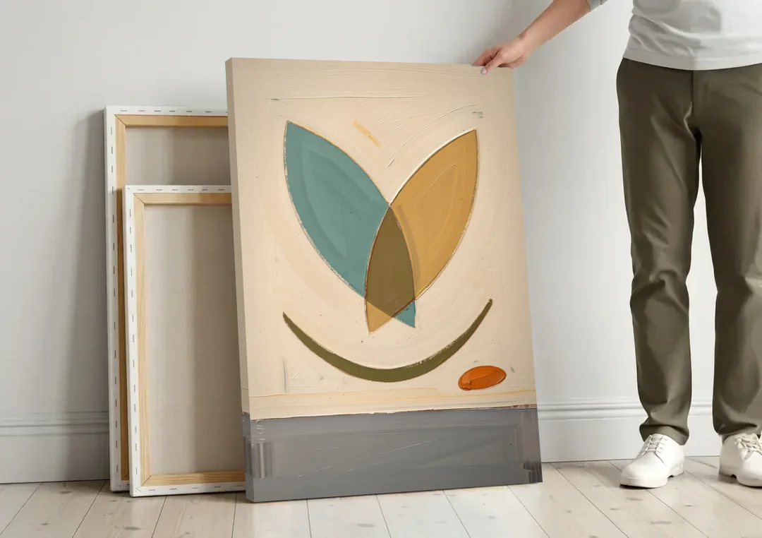 Mid Century Wall Decor with Teal and Ochre Leaves canvas wall art leaning against a wall next to blank canvases