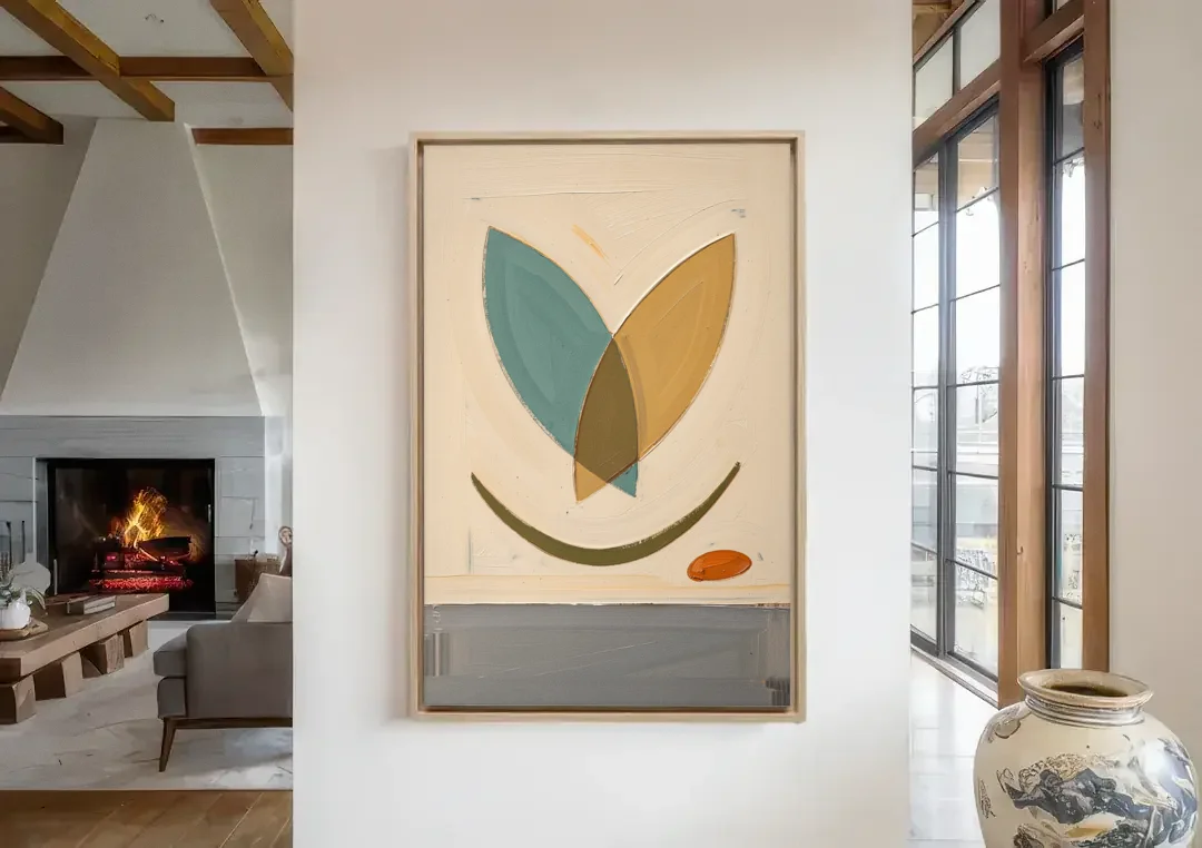 Mid Century Wall Decor with Teal and Ochre Leaves canvas wall art in a living room with a fireplace
