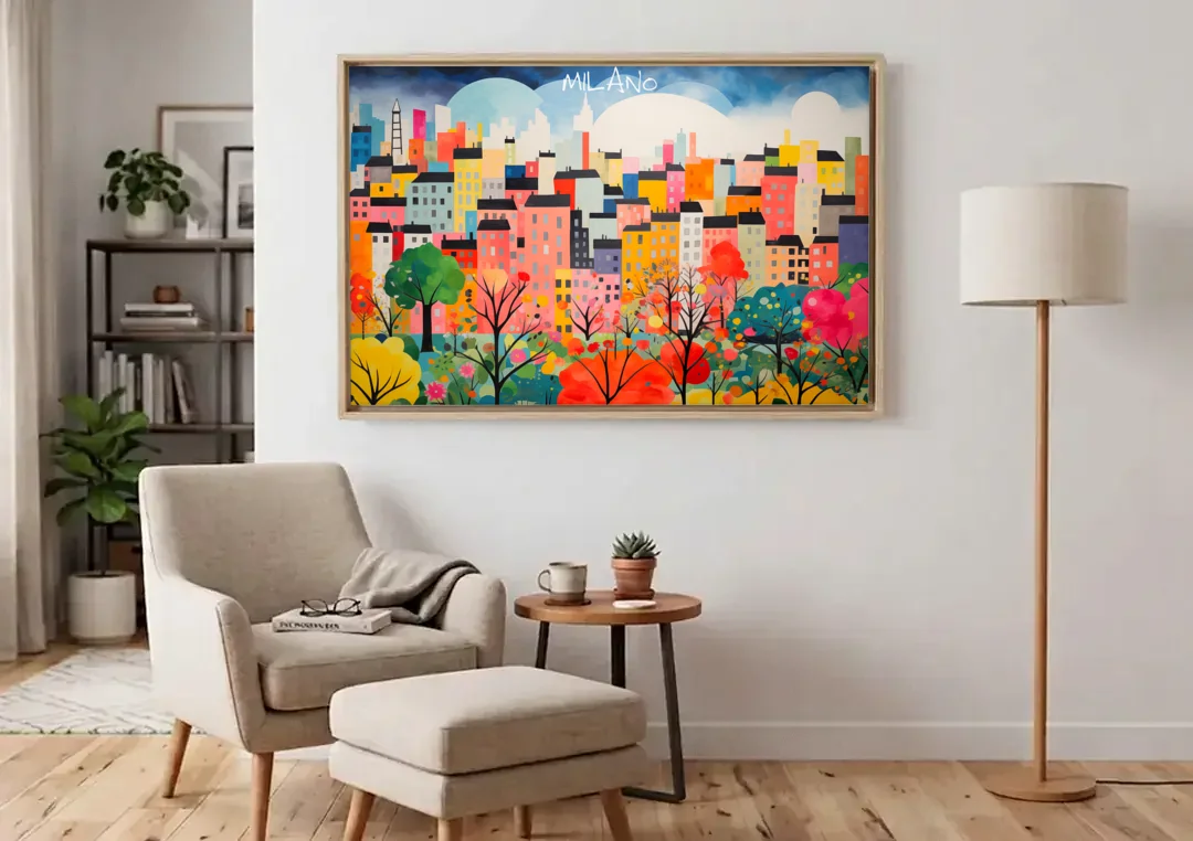 Milan Art of a Colorful Skyline canvas wall art above an armchair in a bright living room