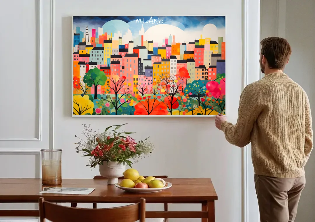Milan Art of a Colorful Skyline canvas wall art above a dining table