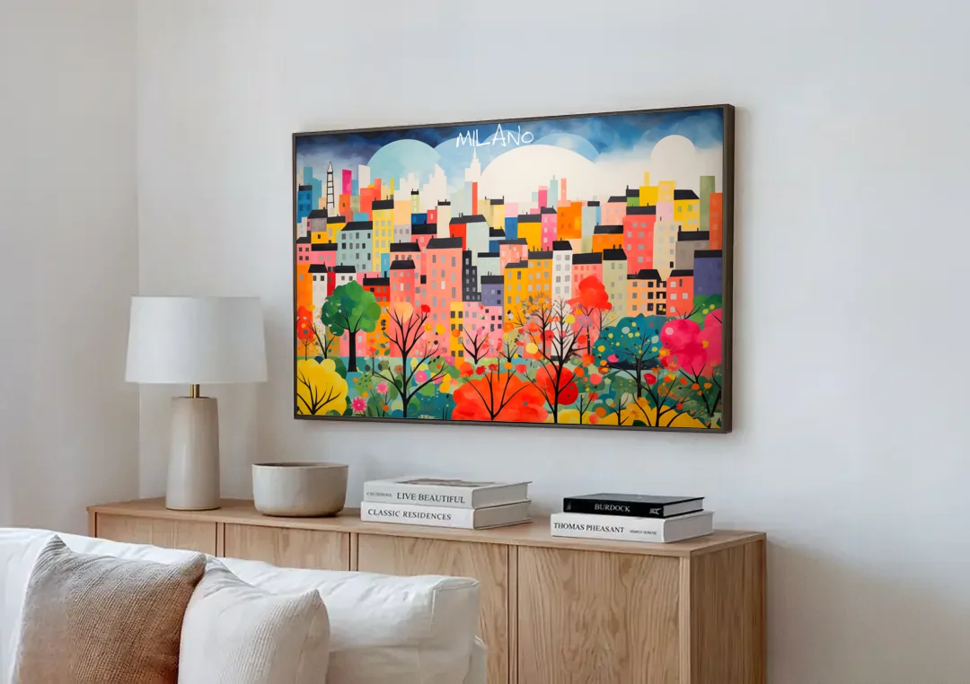 Milan Art of a Colorful Skyline canvas wall art above a wooden sideboard next to a sofa