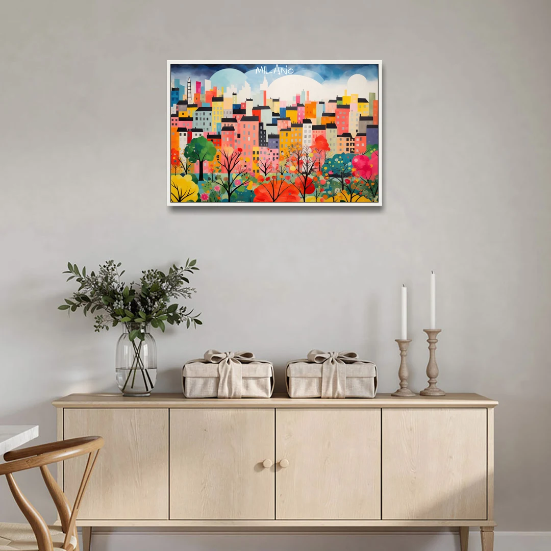 Milan Art of a Colorful Skyline - White Framed Canvas Wall Art - Coffee Table - 36x24