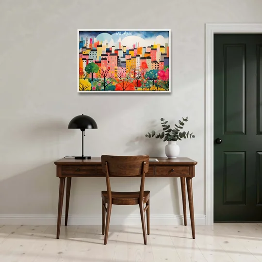 Milan Art of a Colorful Skyline - White Framed Canvas Wall Art - Office - 36x24