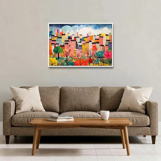 Milan Art of a Colorful Skyline - White Framed Canvas Wall Art - Sofa - 36x24