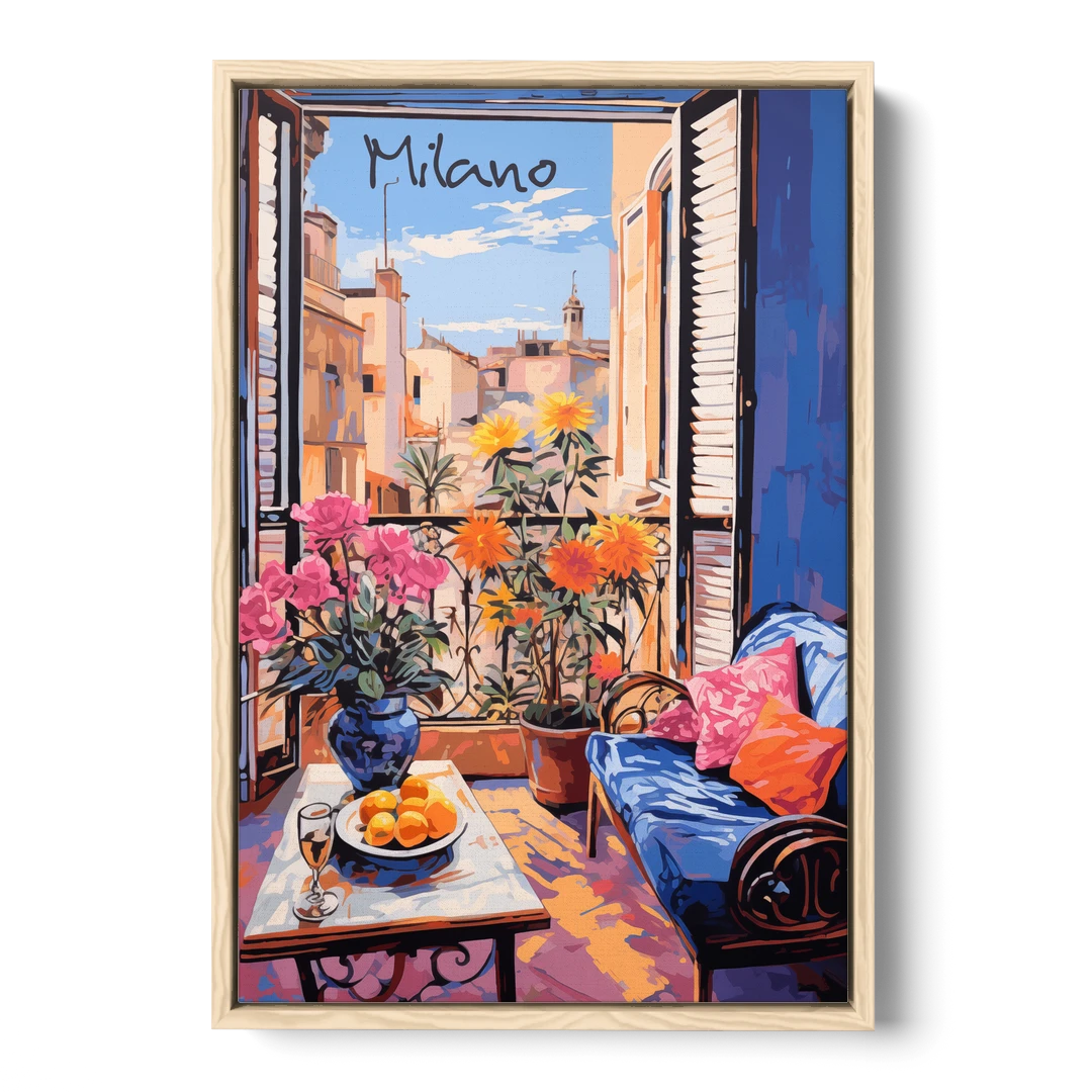 Milan Painting of a Flowered Window - Oak Framed Canvas Wall Art - Front