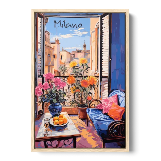 Milan Painting of a Flowered Window - Oak Framed Canvas Wall Art - Front