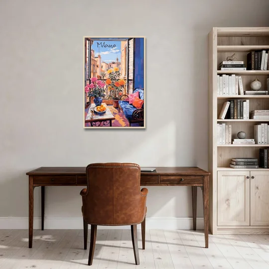 Milan Painting of a Flowered Window - Oak Framed Canvas Wall Art - Office - 24x36