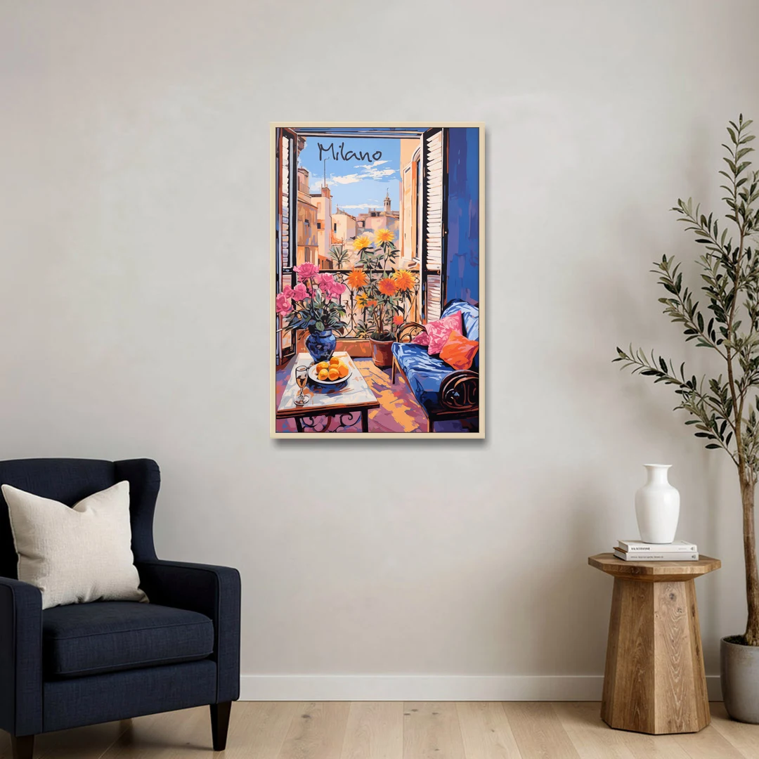 Milan Painting of a Flowered Window - Oak Framed Canvas Wall Art - Sofa - 24x36