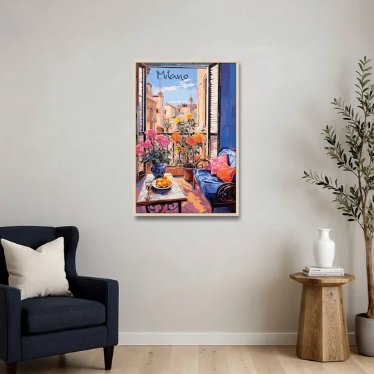 Milan Painting of a Flowered Window - Oak Framed Canvas Wall Art - Sofa - 24x36