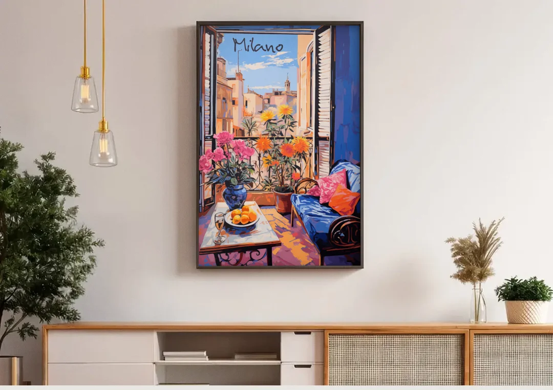 Milan Painting of a Flowered Window canvas wall art above a wooden sideboard under pendant lights
