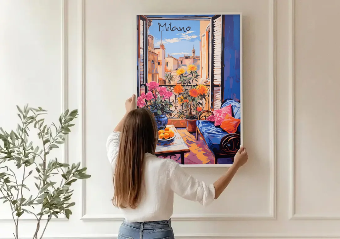 Milan Painting of a Flowered Window canvas wall art being hung on a paneled wall