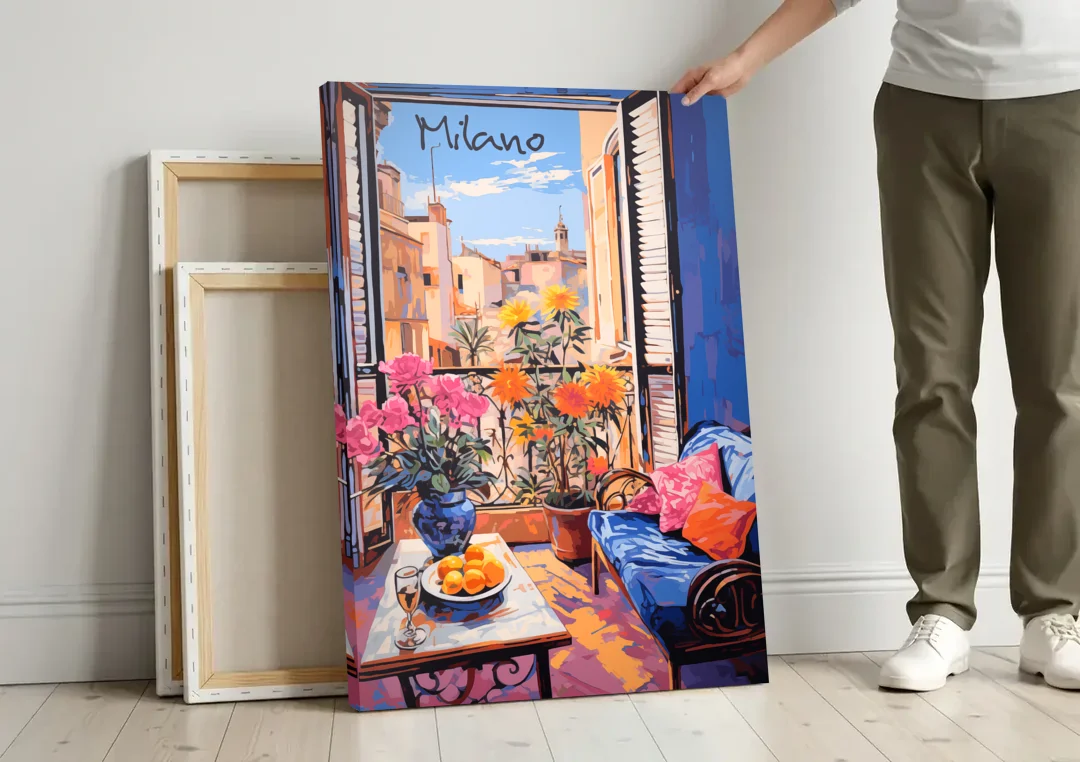 Milan Painting of a Flowered Window canvas wall art leaning against a wall next to blank canvases
