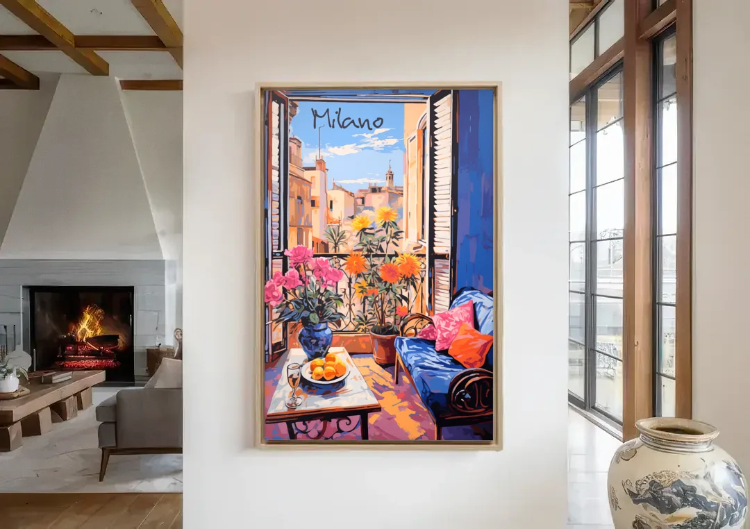 Milan Painting of a Flowered Window canvas wall art in a living room with a fireplace