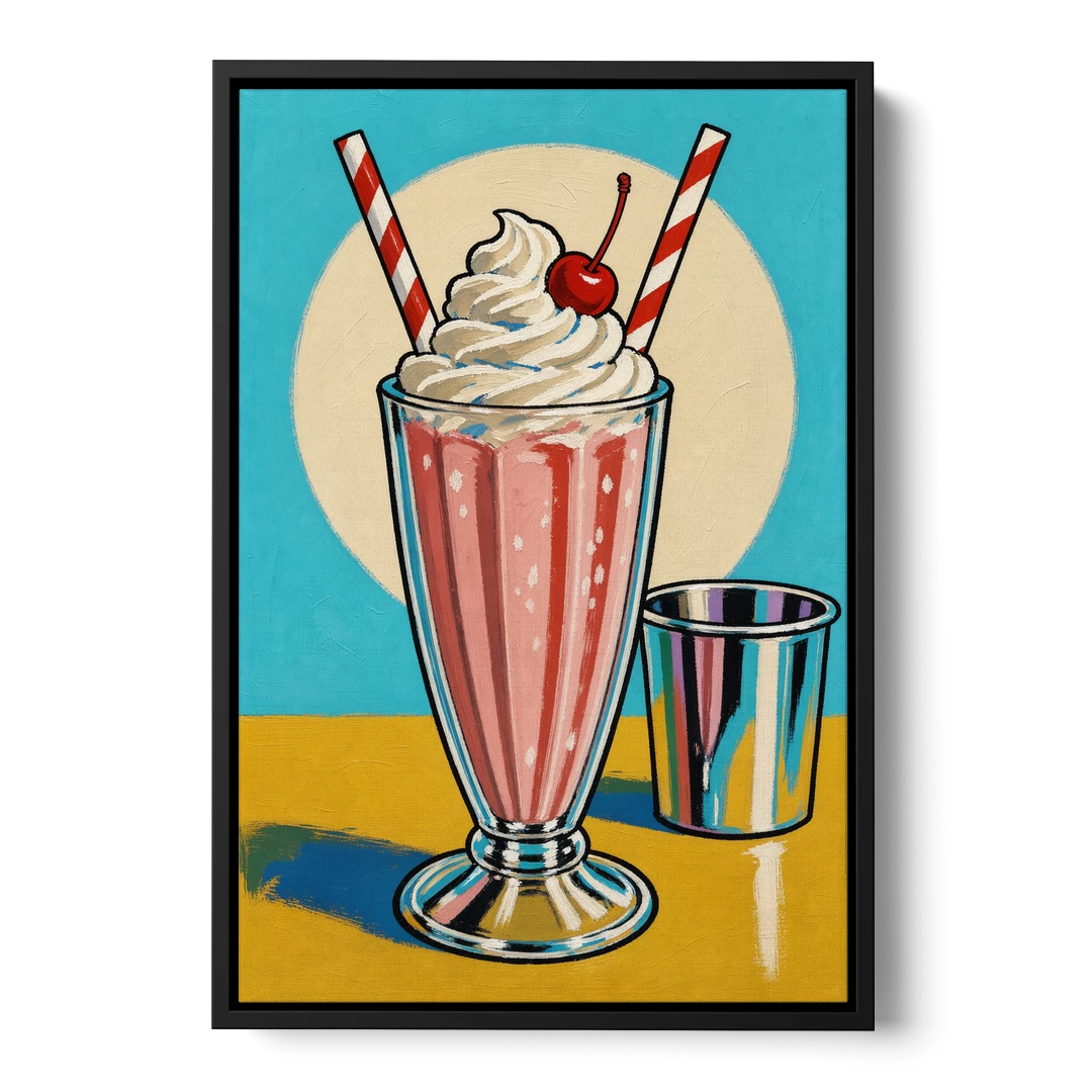 Milkshake Painting with Cherry and Chrome Cup - Black Framed Canvas Wall Art - Front