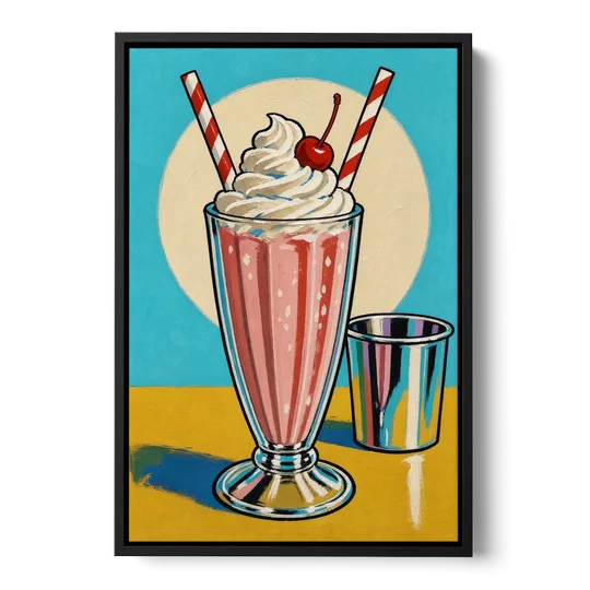Milkshake Painting with Cherry and Chrome Cup - Black Framed Canvas Wall Art - Front