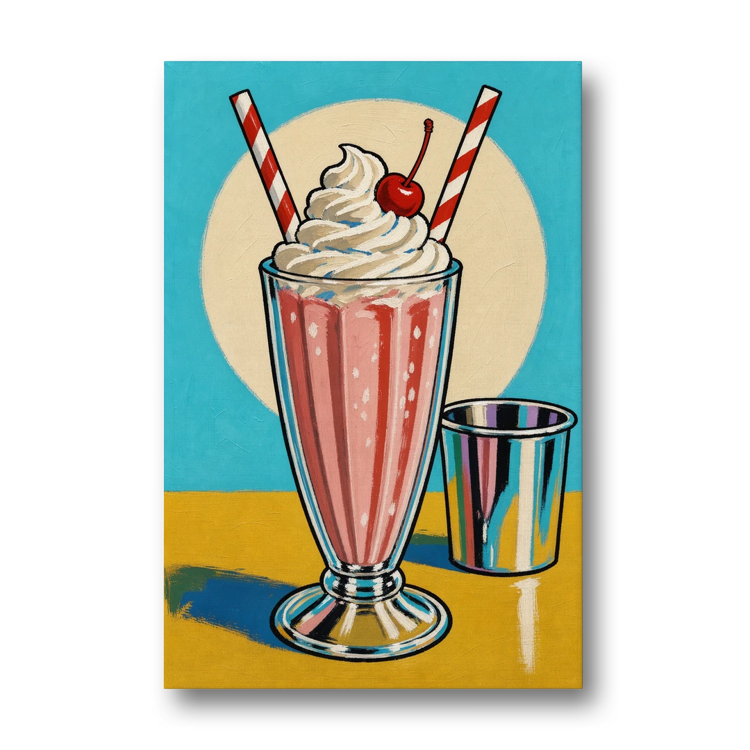 Milkshake Painting with Cherry and Chrome Cup - Canvas Wall Art - Front