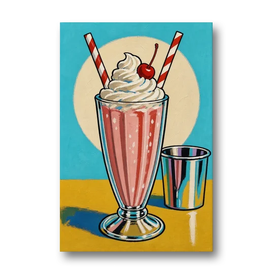 Milkshake Painting with Cherry and Chrome Cup - Canvas Wall Art - Front