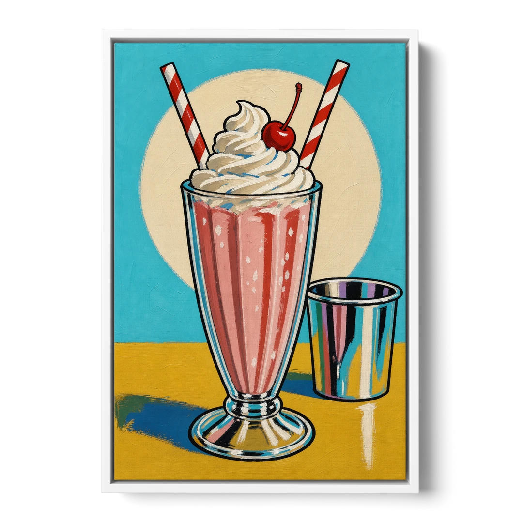 Milkshake Painting with Cherry and Chrome Cup - White Framed Canvas Wall Art - Front