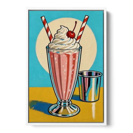 Milkshake Painting with Cherry and Chrome Cup - White Framed Canvas Wall Art - Front