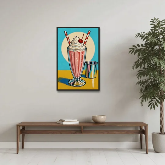 Milkshake Painting with Cherry and Chrome Cup - Black Framed Canvas Wall Art - Coffee Table - 24x36