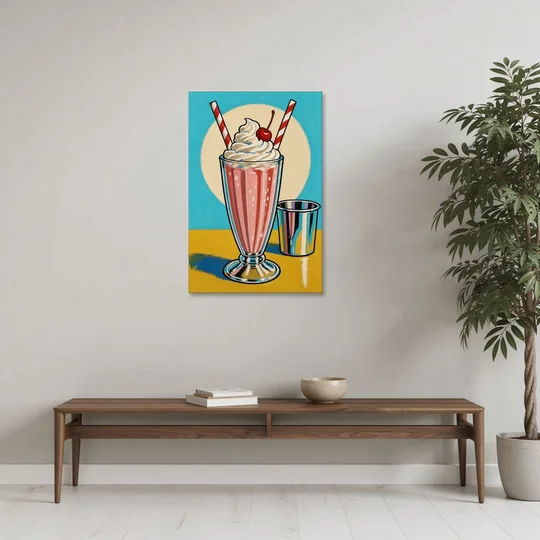 Milkshake Painting with Cherry and Chrome Cup - Canvas Wall Art - Coffee Table - 24x36