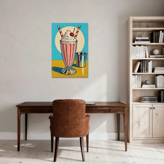 Milkshake Painting with Cherry and Chrome Cup - Canvas Wall Art - Office - 24x36