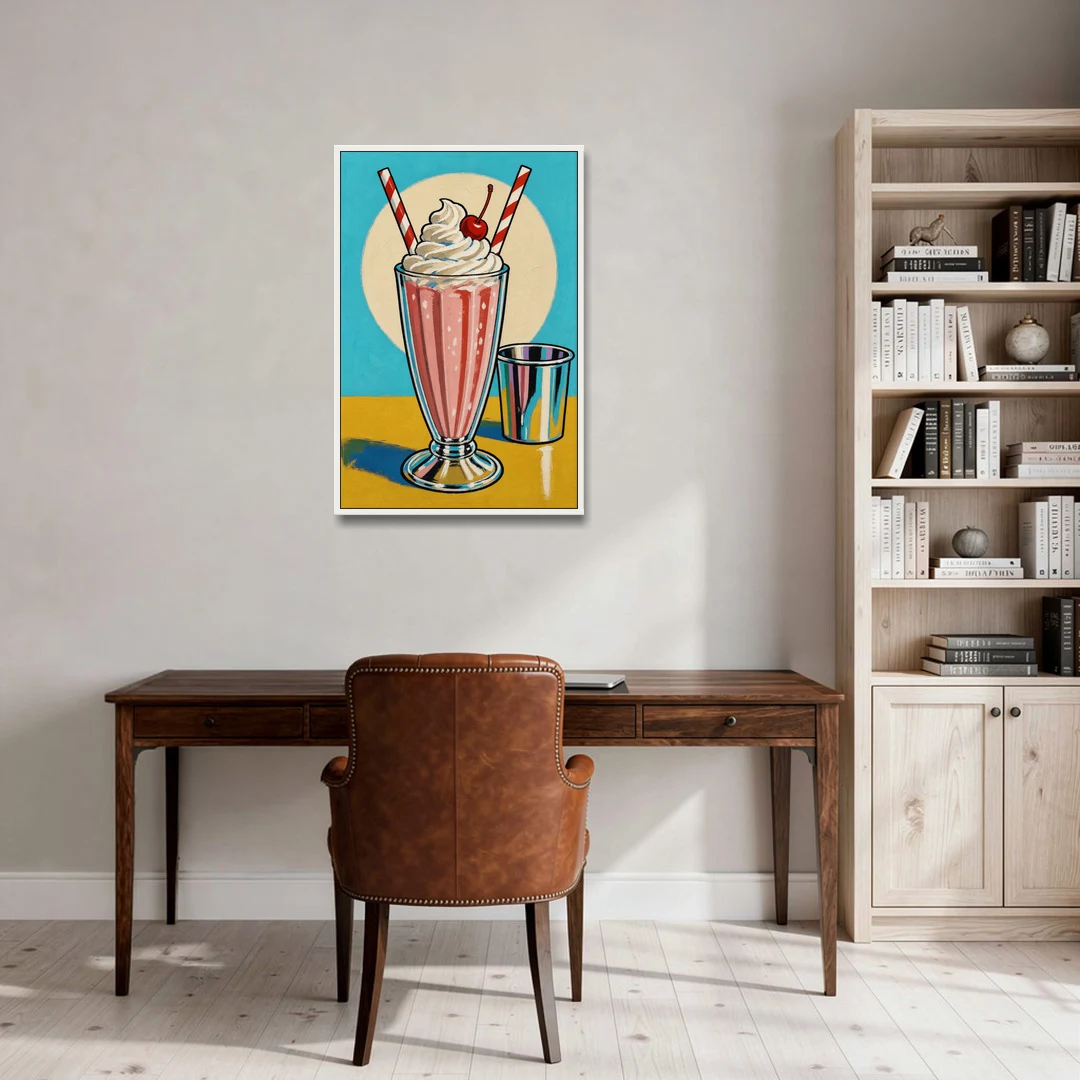 Milkshake Painting with Cherry and Chrome Cup - White Framed Canvas Wall Art - Office - 24x36
