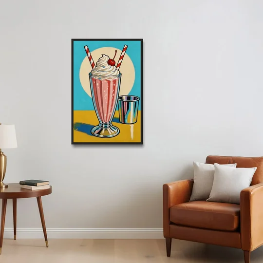 Milkshake Painting with Cherry and Chrome Cup - Black Framed Canvas Wall Art - Sofa - 24x36