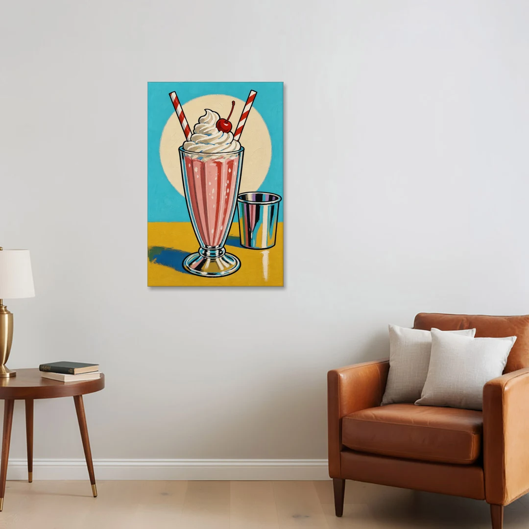 Milkshake Painting with Cherry and Chrome Cup - Canvas Wall Art - Sofa - 24x36