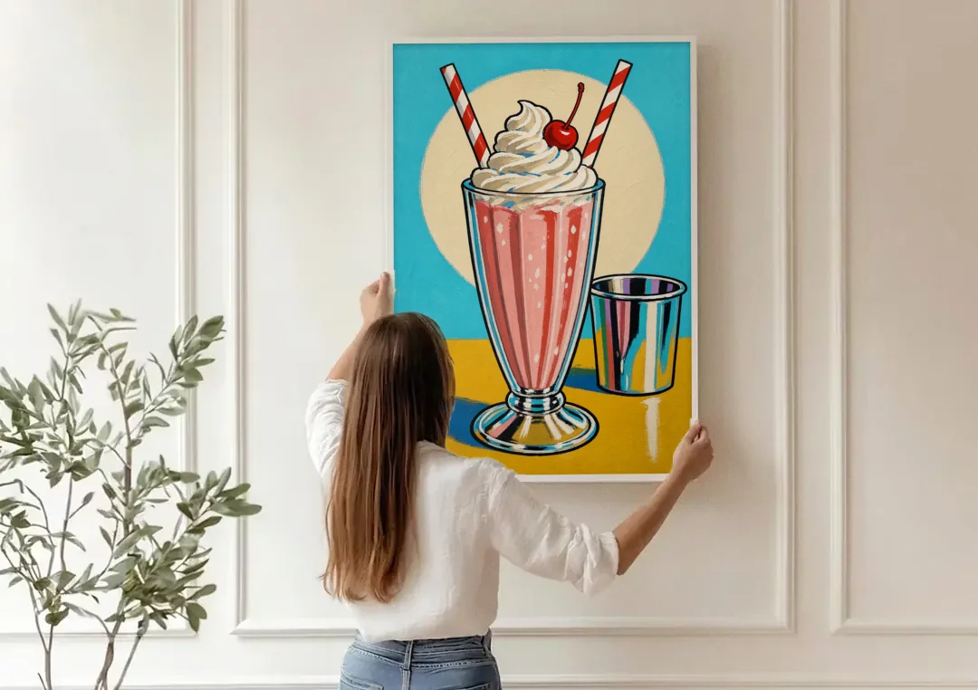 Milkshake Painting with Cherry and Chrome Cup canvas wall art being hung on a paneled wall