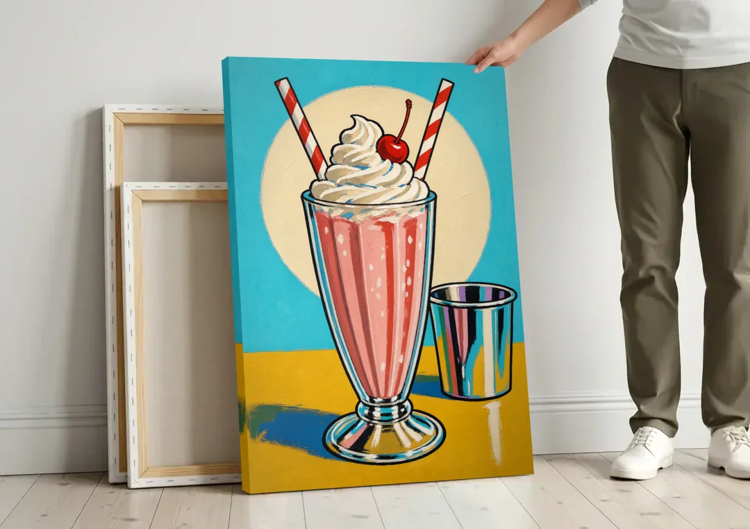 Milkshake Painting with Cherry and Chrome Cup canvas wall art leaning against a wall next to blank canvases